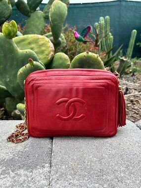 CHANEL Red Quilted Camera Bag with Tassel and 24 Kt Gold Chain